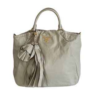 PRADA Vitello Two Way Hobo Beige Fringe Leather Bag